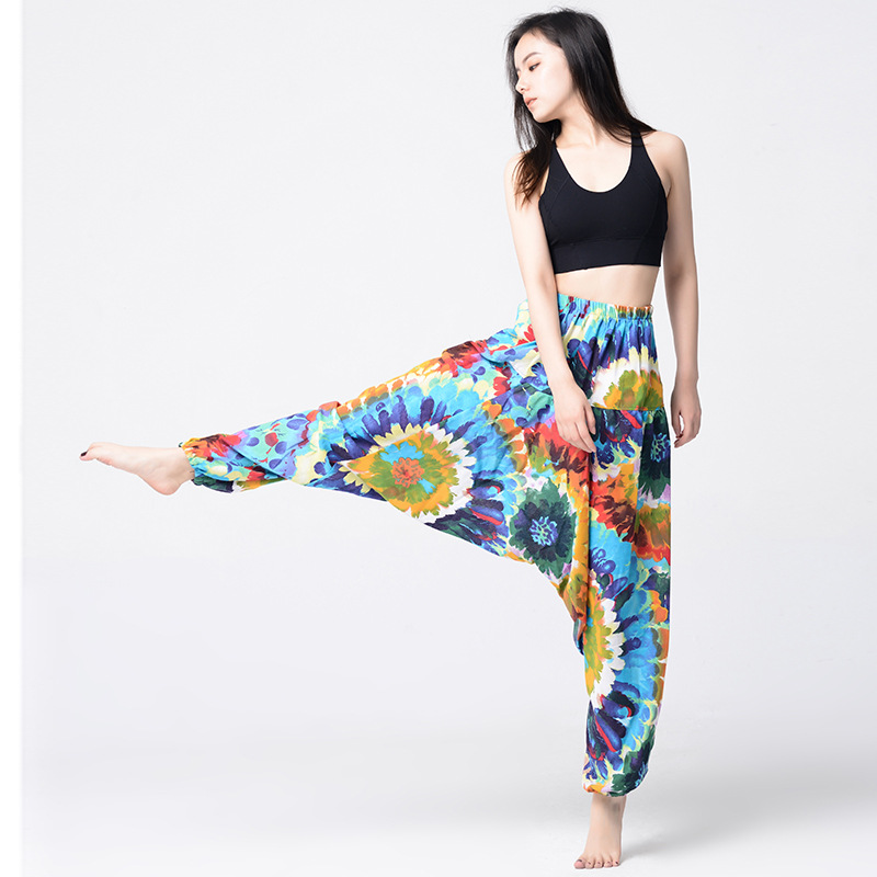 Kvinder thai indiske haremsbukser bomuld linned print boho festival hippie bukser baggy løs elastik talje national stil lanterne: 001