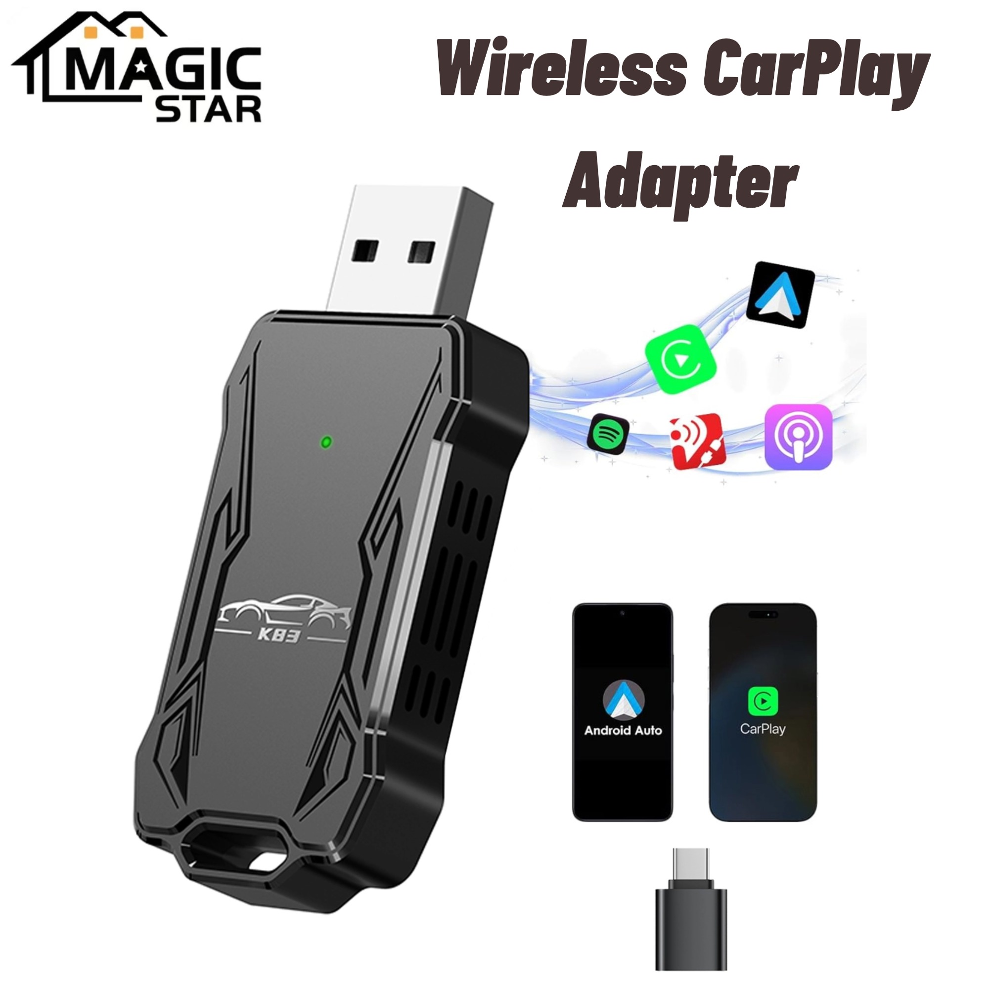 Draadloze CarPlay-adapter, Carplay draadloze adapter voor Android/iOS-auto's, originele auto bedraad naar draadloze adapter, plug and play