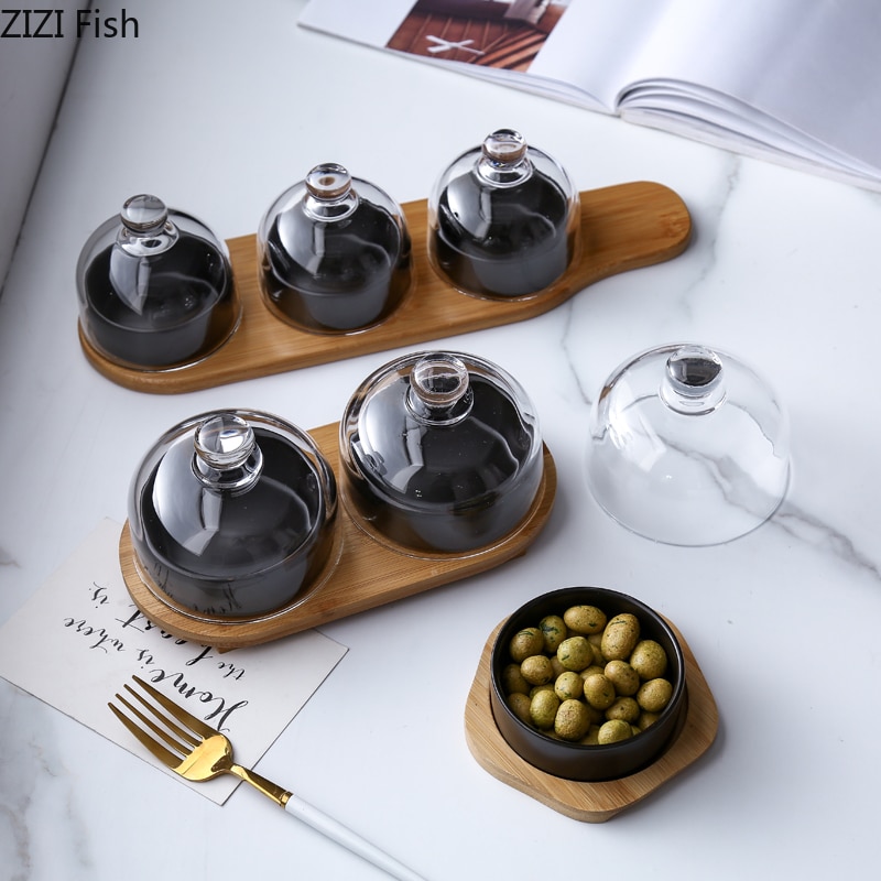 Noord-europese keramische snackschaal, set van 3 met glazen deksel, vershoudschaal voor restaurant, huishouden, taart, dessertschaal