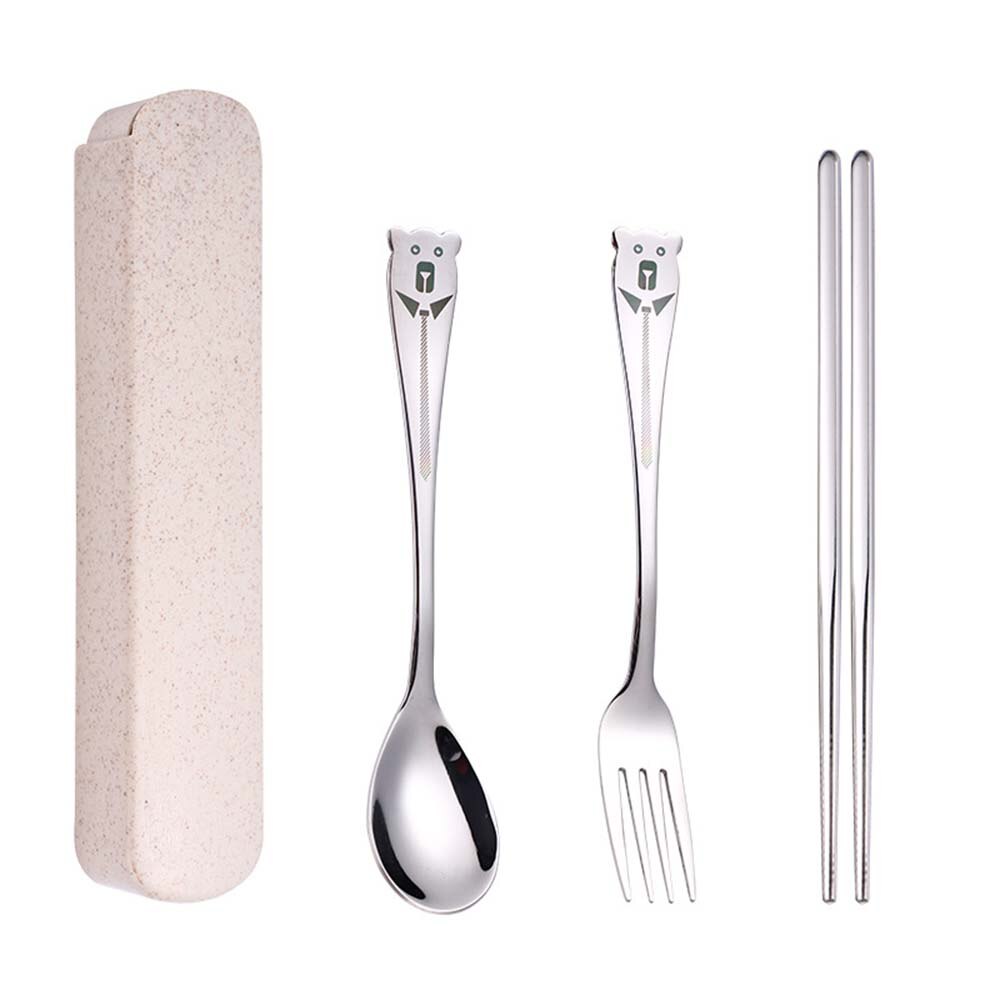 1 Set Cartoon Stainless Steel Portable Cutlery Set Children's Student Fork Spoon Chopsticks 3 Piece Set 2 Piece Set: Yellow 3