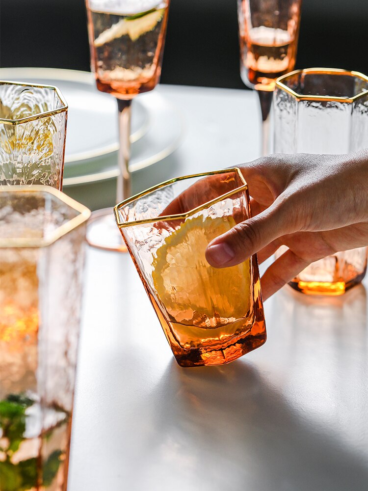 Japan Orange Color Wine Glass Geometric Hexagonal Champagne Goblet Tequila Whiskey Wine Glasses Home Barware