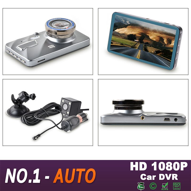 Dash Cam Dual Lens Car DVR Camera Full HD 1080P 4" IPS Front+Rear Blue Mirror Night Vision Video Recorder Parking Monitor