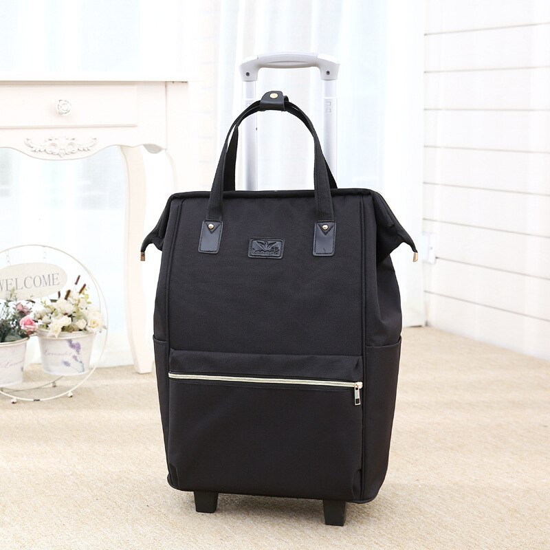 Women Large Capacity Travel Shoulder Tote Bag Spinner Multifunction Rolling Luggage Soft Oxford Lightweight Trolley Bag XA588F: Black