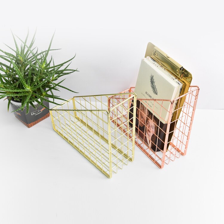 Rose Gold Gold Electroplated Iron Desktop Rack Shelf File Magazine Box Office Rack Stationery Organizer Holder