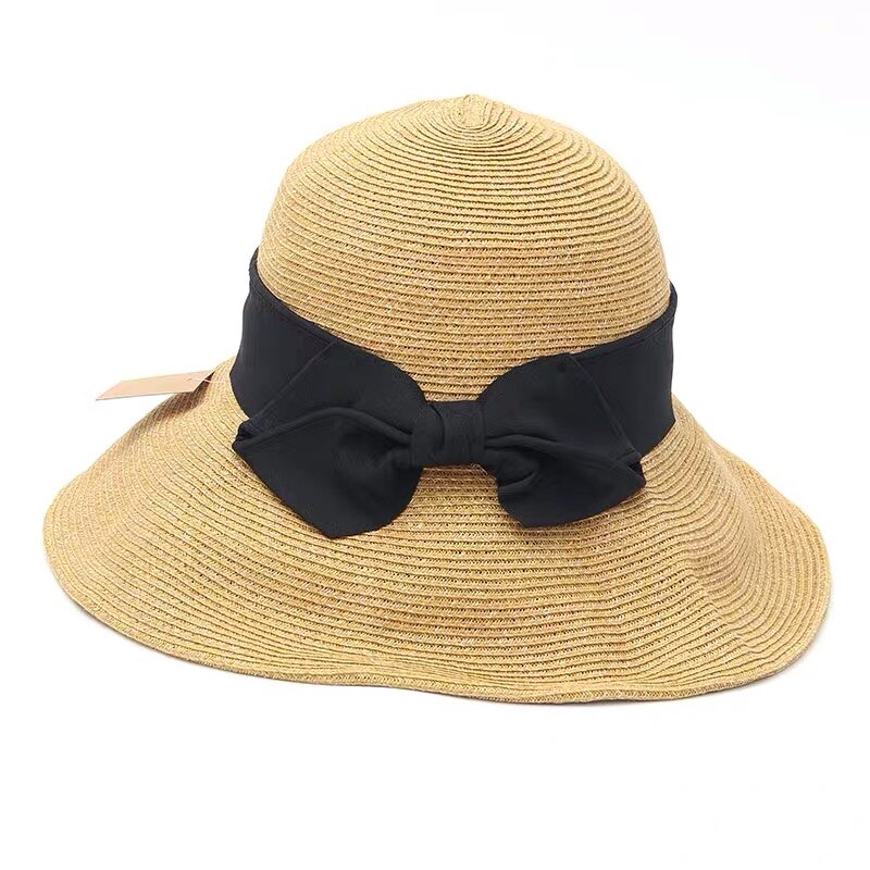 Zomer Strohoed Vrouwen Grote Wide Brim Strik Strand Zon Hoeden Opvouwbare Zonnebrandcrème Anti-Uv Panama Hoed Chapeu Feminino: Black