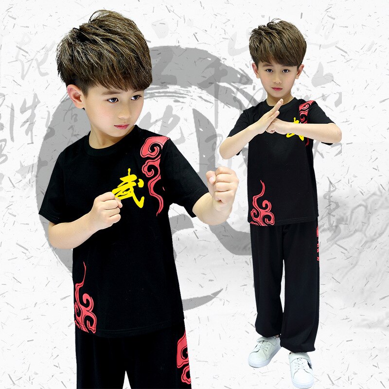 Kinderen Chinese Traditionele Korte Mouwen Wushu Kleding Vechtsport Uniform Kung Fu Pakken voor Meisjes Jongens Ochtendgymnastiek Kleding: Black / XL