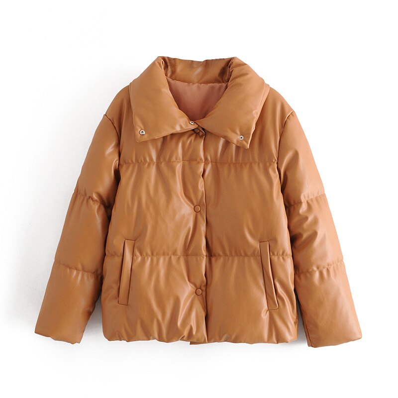 Cnlalaxury solid pu læder parkaer kvinder læder frakker kvinder tykke bomuldsjakker kvindelige dame outwear toppe: Khaki / M