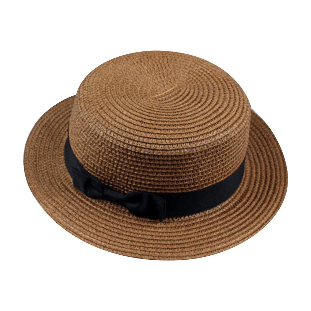 Sombrero plano redondo de paja para mujer, gorra de sol con lazo, cinta de verano, Color sólido