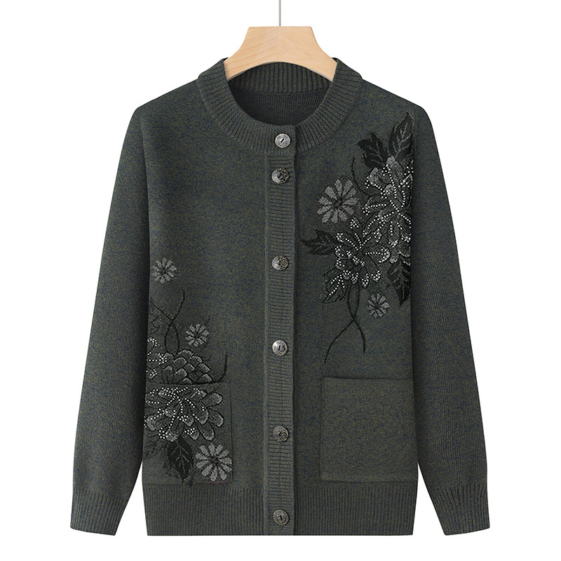 Korean Women's Clothes Knit Woolen Printed Cardigan Coat Middle Aged Mother Knitwear Tops Vintage Grandma Sweater Jacket: XL / army green
