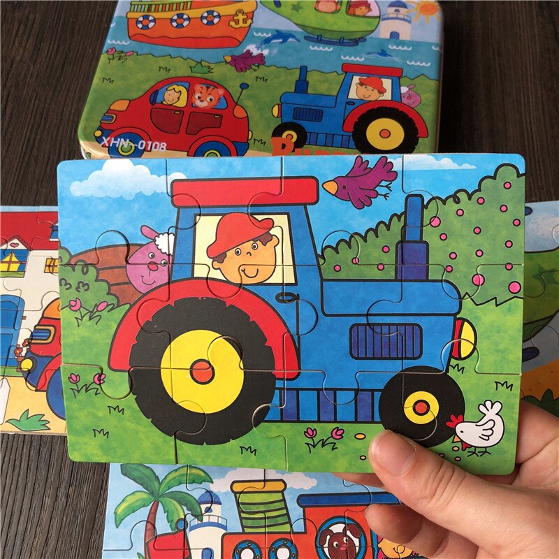 4 In 1 Puzzles 9/12/15/20Pcs Puzzles/Set With Iron Box Wooden Toys For Kids Educational Baby Toys Learning