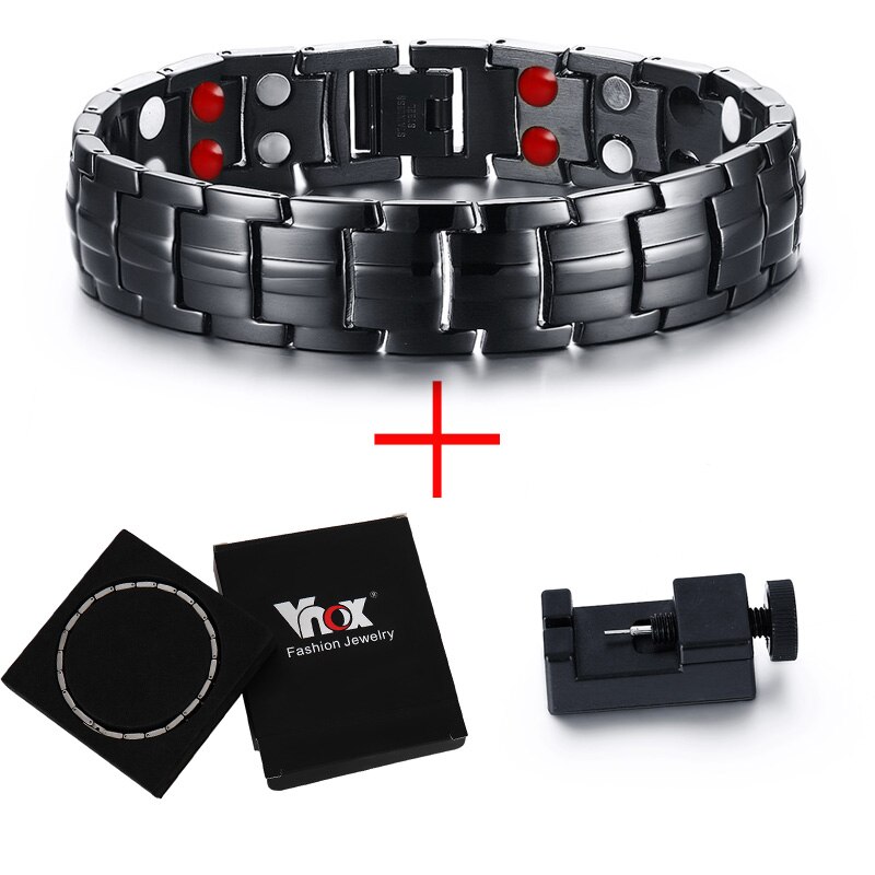 Vnox Length Adjustable Double Row Black Men Health Bio Bracelets Bangles Health Care Energy Armband Jewelry: Add tool and box