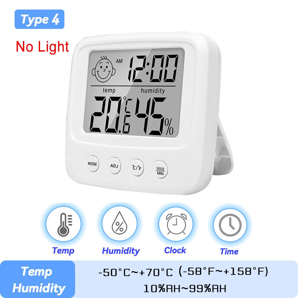 LCD Electronic Digital Temperature Sensor Humidity Meter Backlight Thermometer Hygrometer Gauge Indoor Weather Station Clock: E0828 No Light