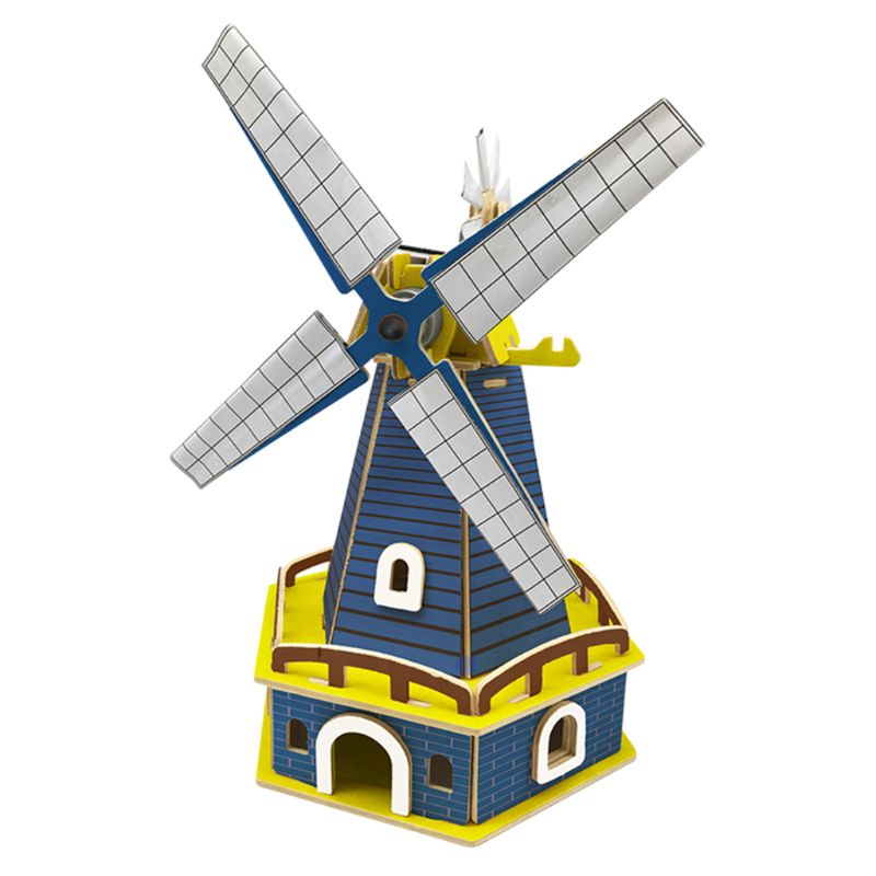 3D Assembled Wooden Puzzle Solar Energy Powered Windmill Jigsaw Model Building Kits for Adults Kids Educational Toy