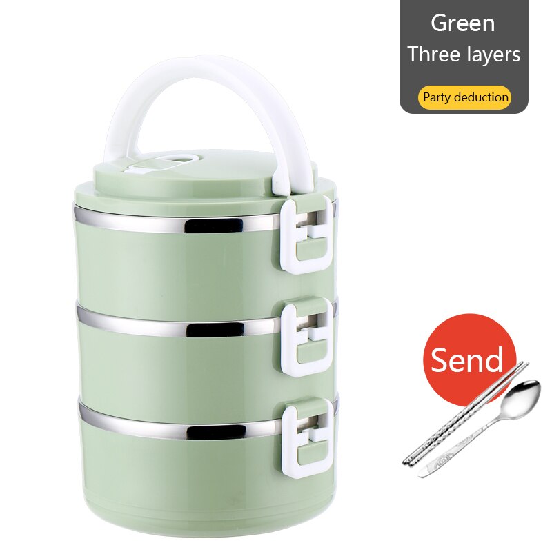 Container Stainless Steel Thermal Lunch Box Layers Sealed Grid Hidden Hand Tableware Students Adult Lunch Box: Square buckle three layer Northern Europe green  with stainless steel chopsticks and spoon