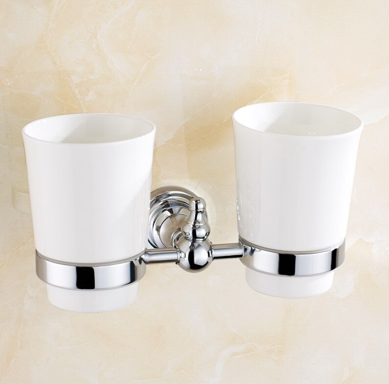 Polished Chrome Brass Wall Mounted Double Tumbler Holder White Ceramics Toothbrush Cup Bathroom Accessory aba908