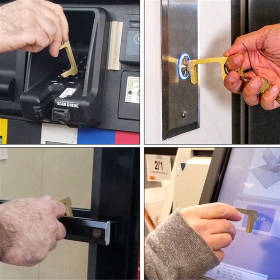 2 stk messing edc døråbner bødker hygiejne håndtryk elevator dørhåndtag nøgle kontaktløs døråbner sikkerhed nul touch nøgle værktøj