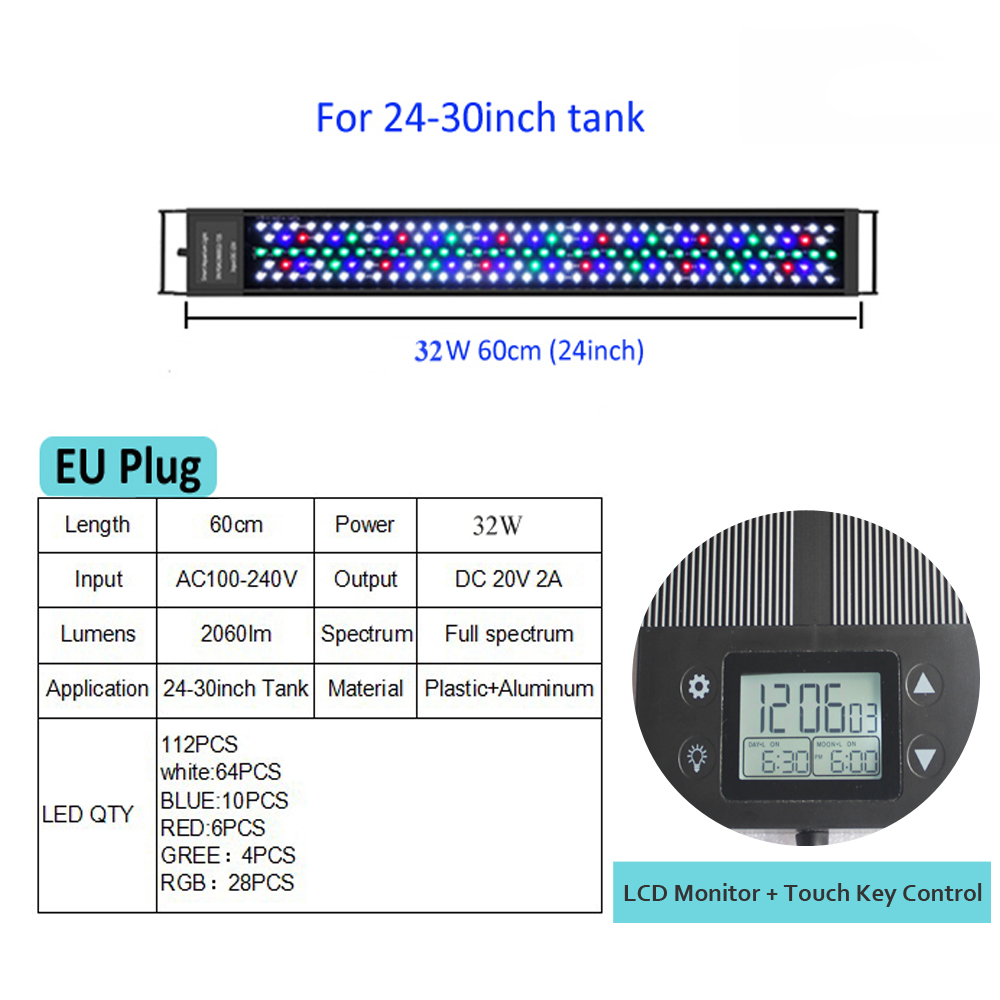 12inch-18-24inch Waterdichte Programma 8 Kleuren Auto On Off Volledige Spectrum Led Aquarium Lichtpunt Voor Zoetwater Geplant Tank: 32W 24inch C138 EU