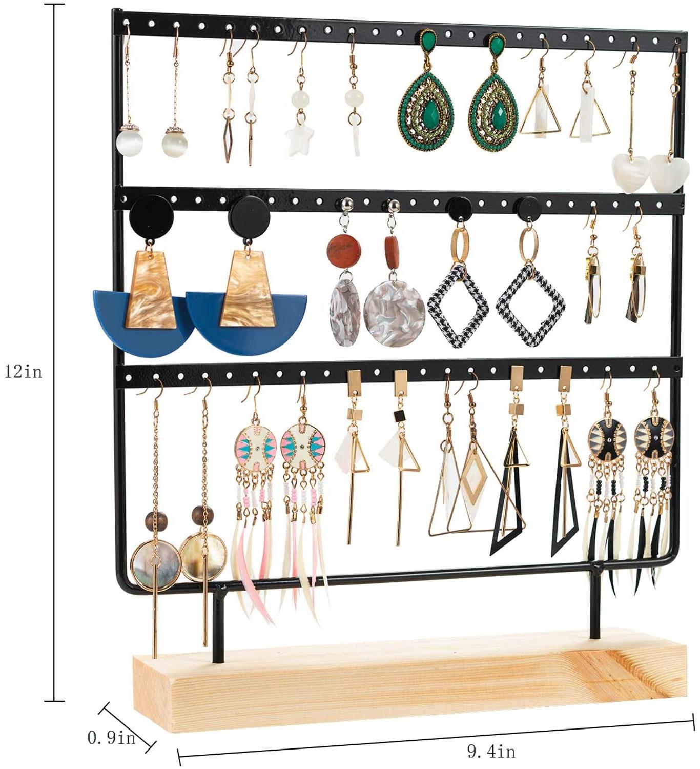 Oorbellenstandaard 3-- laags sieradenhouder organizer 69 gaten met houten basis displayrek voor vrouwen meisjes ho