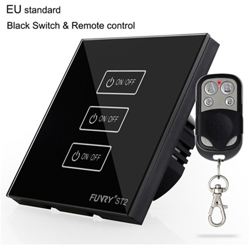 Original Funry ST2 3Gang EU Standard Touch Switch Lighting Luxury Tempered Glass Panel 170-240V 7-200W/gang 86*86*36mm: black switch remote