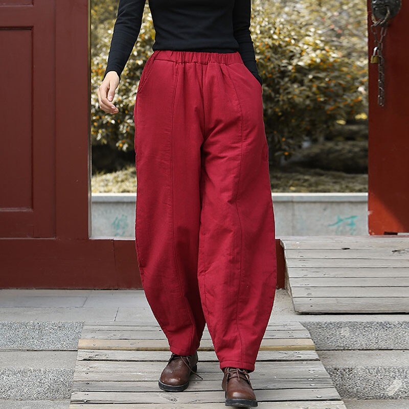 Johnature Cotton Linen Leisure Elastic Waist Warm Harem Pants Autumn Winter Loose Comfortable Women Full Length Pants