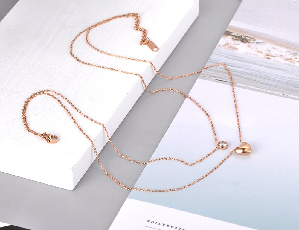 Lokaer-collar con colgante de corazón de doble capa para mujer, gargantilla de acero inoxidable con cadena de cristal de CZ, N20149