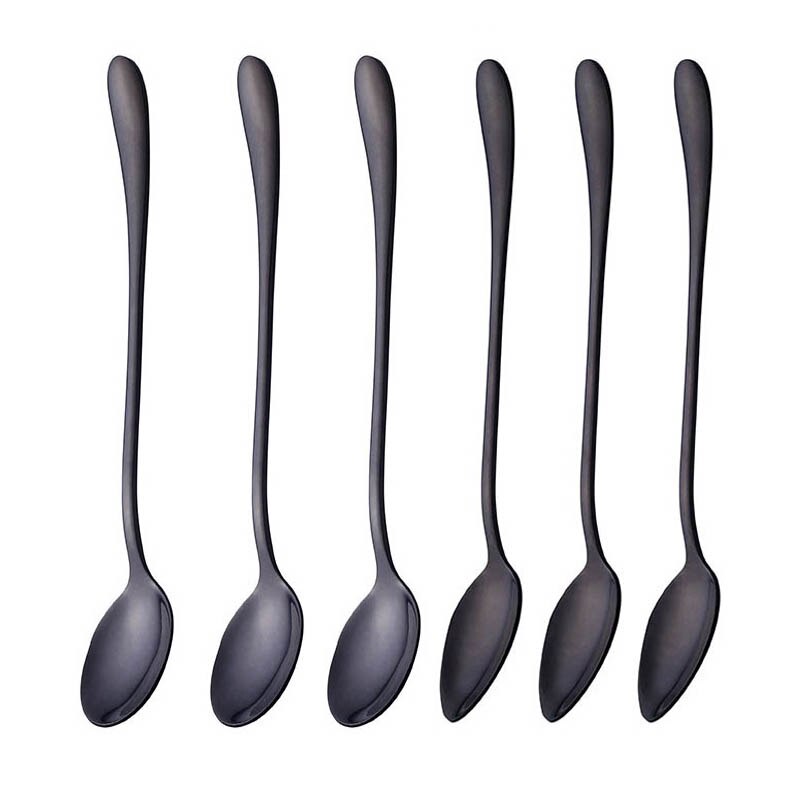 19.5cm Stainless Steel Round Head Spoon Rainbow Coffee Mixing Spoon Set Cold Drink Colorful Dessert Ice Spoon Flatware 6pcs/set: Black