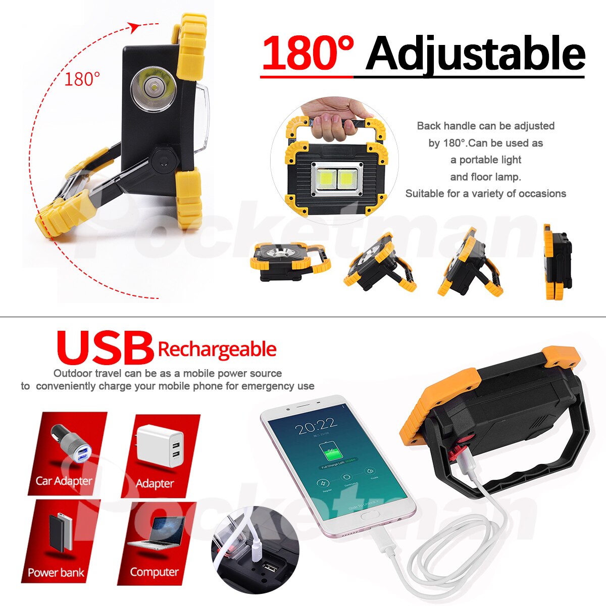 100W Portable Spotlight USB Led Work Lamp Worklight Flashlight Rechargeable 18650 Battery Outdoor Camping Emergency Light