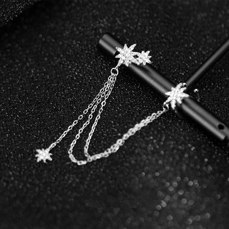 DAIWUJAN 925 Sterling Silver Zircon Snowflake Ear Clip Single Earrings Star Double Chain Tassel Cuff Earrings For Women