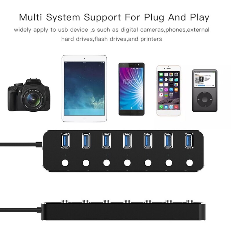 USB Hub 7 Ports USB 3.0 5Gbps Hub Splitter Extender with Independent Power Switch and LED for Laptop PC