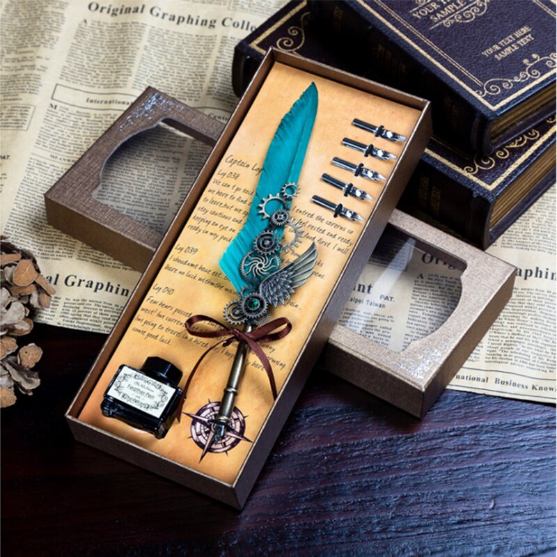Luxury Fountain Pen Set Colorful Vintage Feather Pen Classic Calligraphy Ink Pens Dip Quill for Student Writing Pen Box set: 20