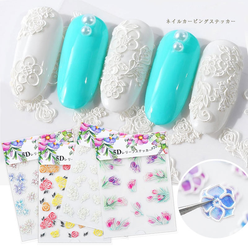 1pc 3D acrylique gravé fleur ongle autocollant en relief dentelle fleur mignon chat eau décalcomanies ongle eau toboggan décalcomanies 5D bricolage