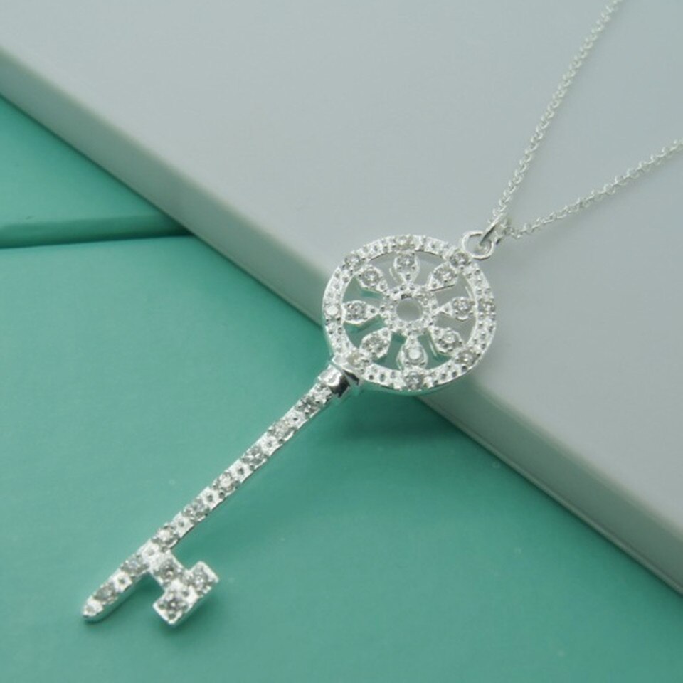 Babyllnt 925 sterling sølv krystal hjerte rund nøgle vedhæng halskæde til kvinder bryllup smykker sølv farve smykker: F