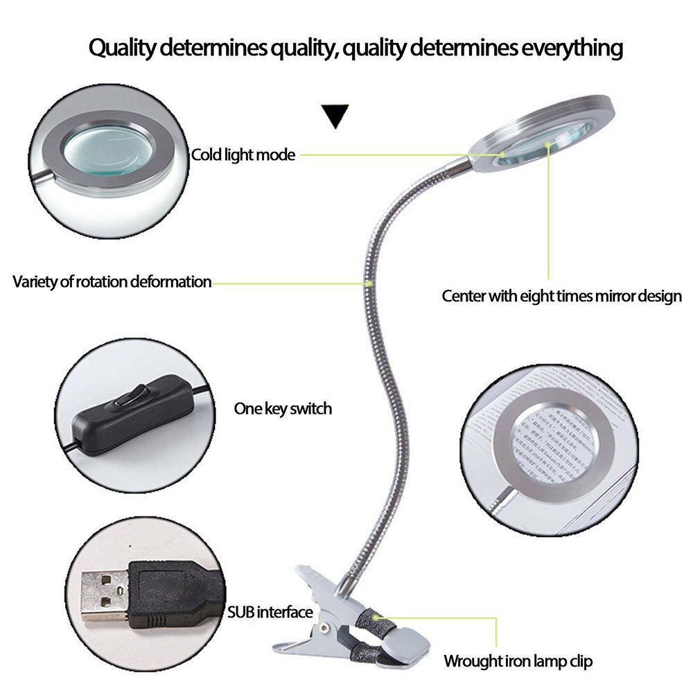 Illuminating Vergrootglas Hoge Vergroting 8X Vergrootglas Met Led-verlichting Tafel Klem Lamp