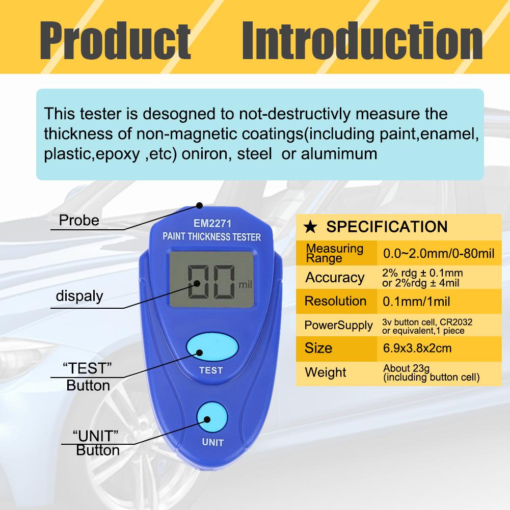EM2271 Digital Mini Car Paint Thickness Gauge Car Paint Meter Painting Coating Tester Automobile Coating Thickness Gauge Tester