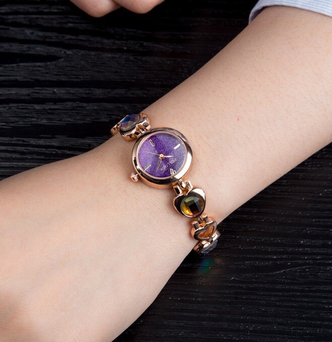 Horloge Vrouwen Goud Vintage Luxe Klok Vrouwen Armband Horloge Dames Luxe Roestvrij Staal Met Strass: purple