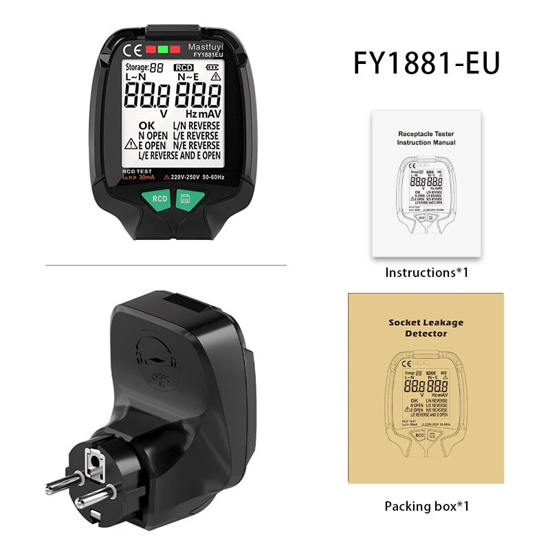 Full Screen Socket Tester 30V-250V RCD Test High-precision Power Supply Polarity Phase Detector Earth Leakage Detector EU/US/UK