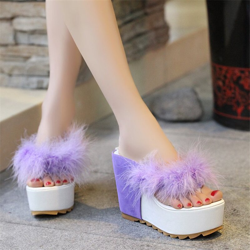 Rhinestone Sandals Thick Heel With Feather High Heel Wedge Wedge Platform Wedge Shoes Women Slippers Sandals