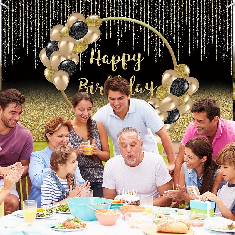 Happy Birthday Backdrop Banner Large Black Gold Balloon Star Poster Booth Backdrop Birthday photo Background Wall Party Decor