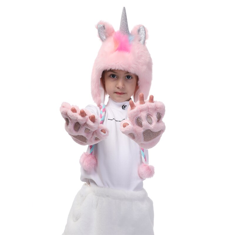 Unicorn Winter Hat Gloves Paws Unicorn Christmas For Girls Winter Faux Fur Hats Glove Set for Beanie Cosplay Photography