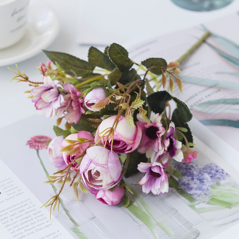 Flores artificiales baratas, jarrones pequeños de rosas de té para decoración del hogar, hojas decorativas de boda, costura, maceta Ornamental de Navidad: purple