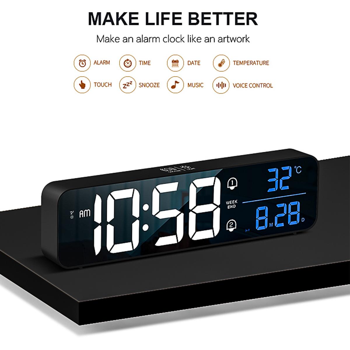 Wireless LED Digital Dual Mode Alarm Clock Digital Snooze Electronic Mirror Clocks 5 Brightness Adjustable Home Table Wall