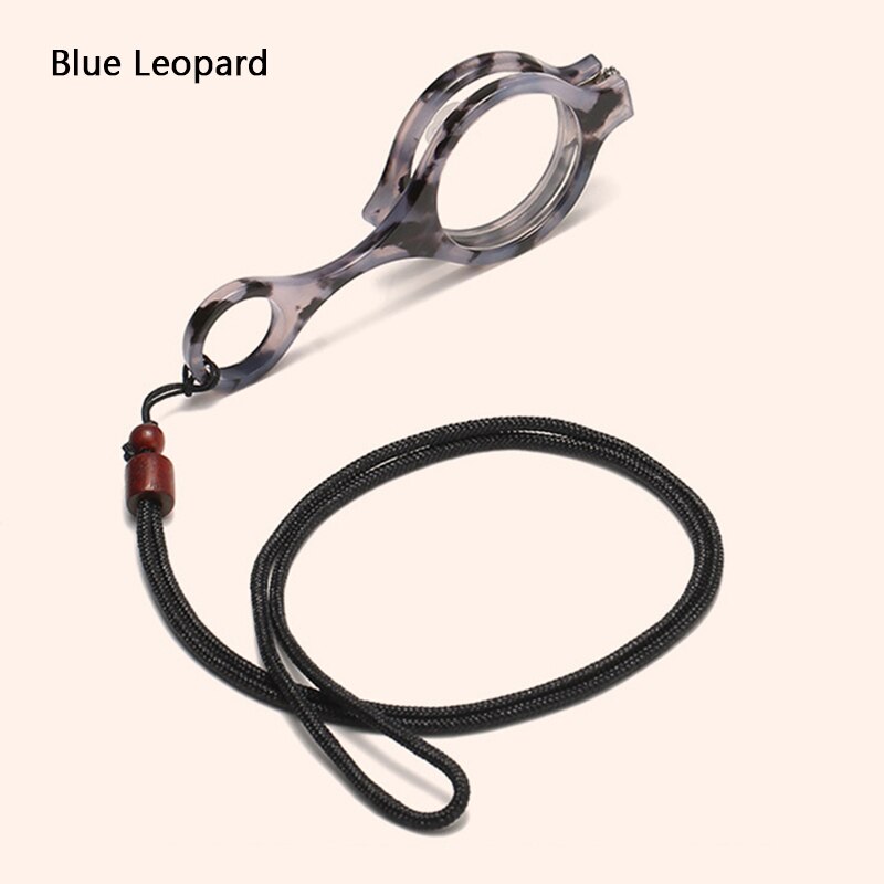 Colgante plegable para gafas de lectura, lupa portátil para prevenir pérdida, collar redondo/ojos de gato, gafas de prebicia, con cadena: Blue Leopard / +350
