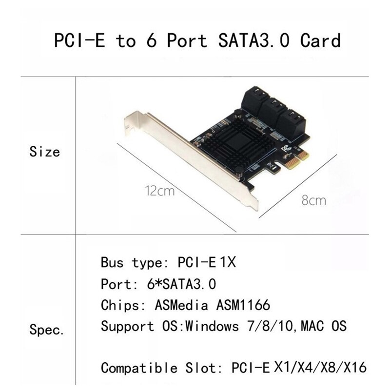 SATA PCIE 1X Adapter 6 Port PCIE X4 X8 X16 to SATA 3.0 6Gbps Interface Rate Riser Expansion Card for Desktop PC Computer