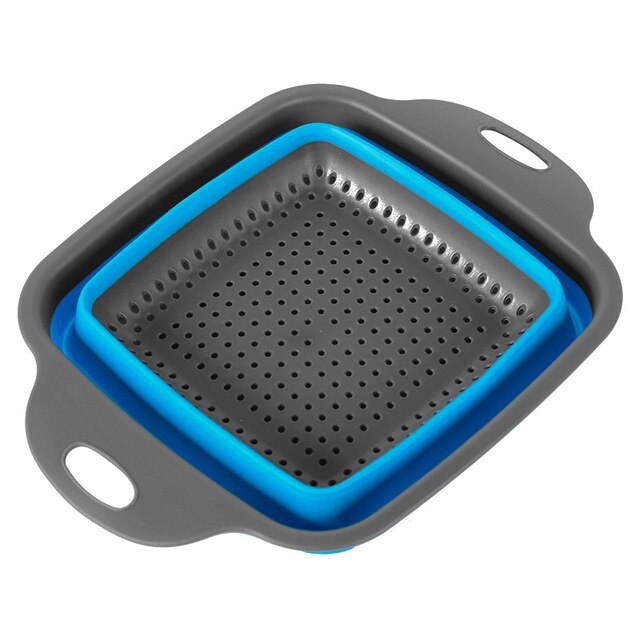 Mosodo Folding Drain Basket Multi-Function Washing Basket Retractable Fruit Basket Kitchen Storage Basket: square-blue / L