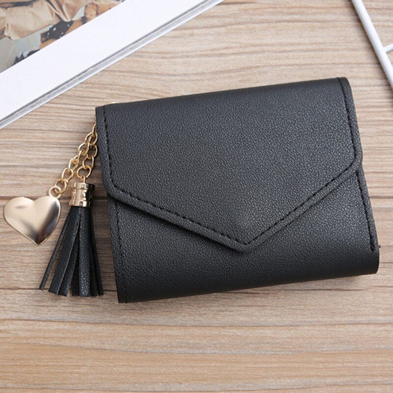 Women's Wallet Cute Student Tassel Pendant Short Wallet Trend Small PU Wallet Coin Purse Ladies Card Bag For Women: black