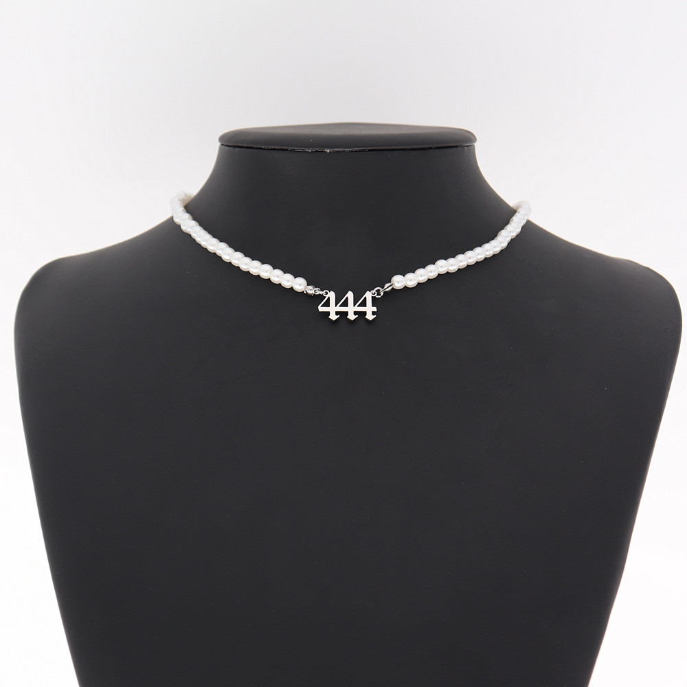 Edelstahl Engel Anzahl Halskette Perle Kette Choker 444 999 888 222 555 666 333 777 Boho Schmuck Teufel Colar gold Halsketten: Silver 444 Pearl