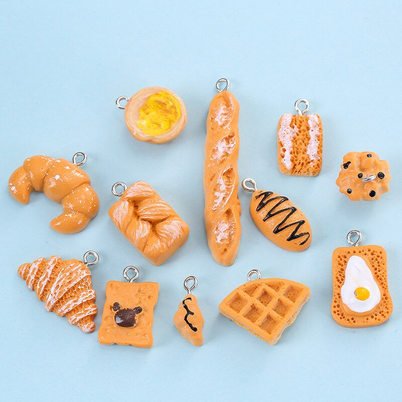 10 sztuk sztuczna żywność żywica Charms chleb ciasto ciasteczka Charms dla bransoletki tworzenia biżuterii Kawaii śliczny wisiorek, breloczek akcesoria