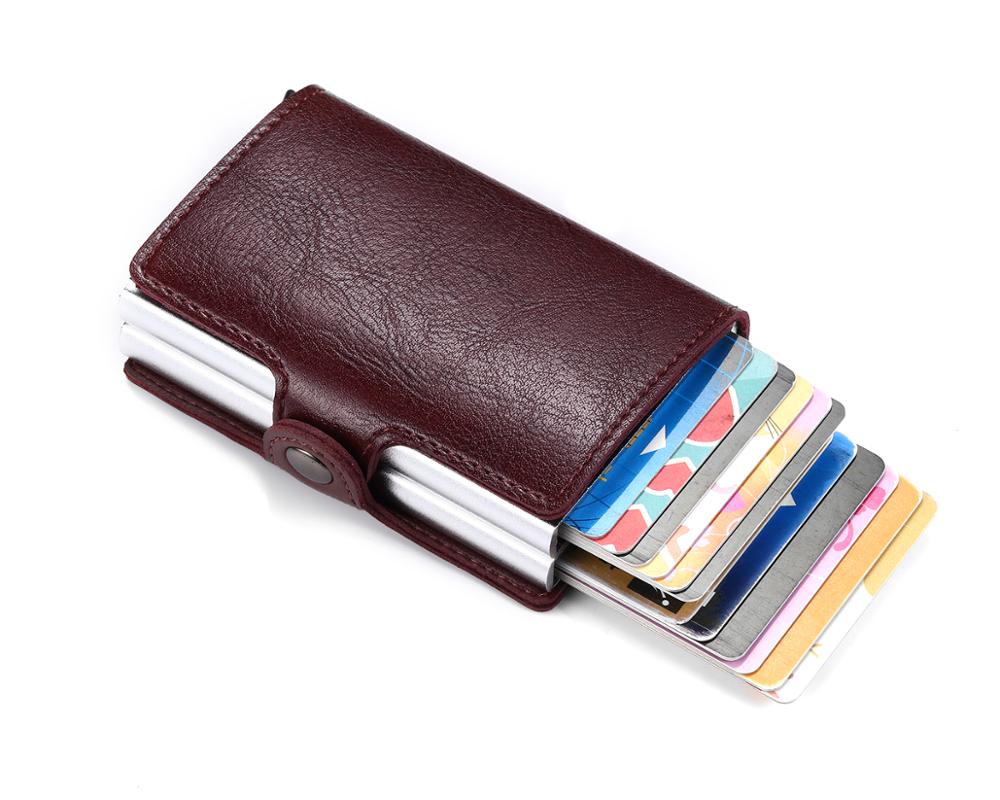 RFID Men's Leather ID Credit Card Holder Male Automatic Aluminum Alloy Hasp Business Double Layer Cardholder Wallet for Man: Rose Red