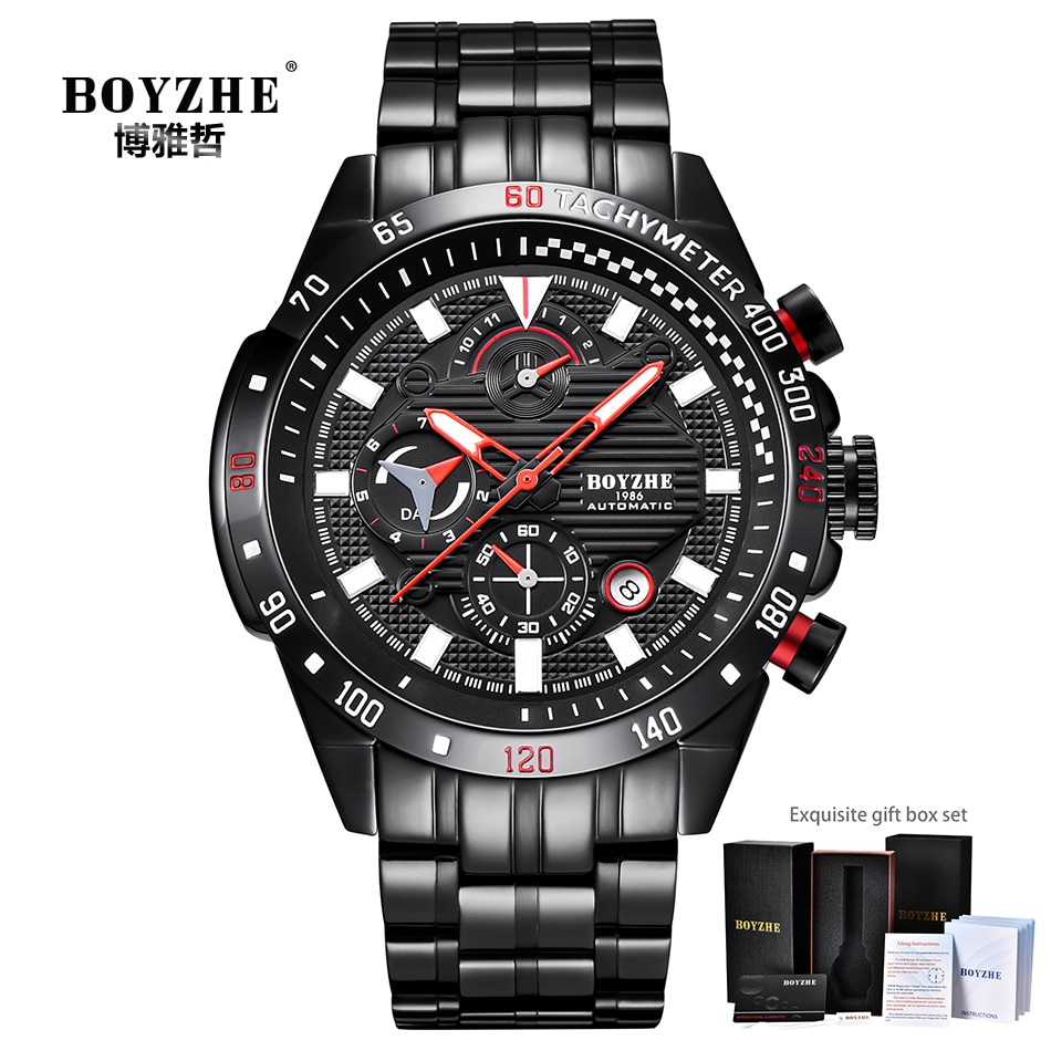 BOYZHE Sport Automatische Uhr Männer Edelstahl Chronograph Herren Mechanische Uhren Auto Datum Luxus montre homme