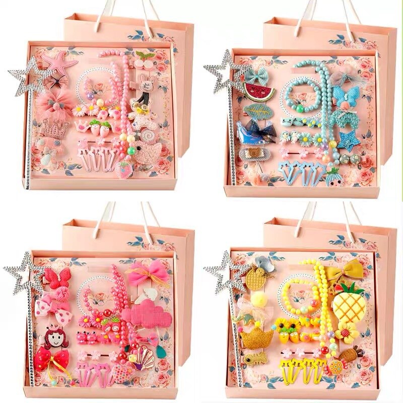 28 Stks/set Kids Hoofddeksels Set Baby Meisje Haarspelden Boog Haar Accessoires Met Doos Leuke Baby Hoofdband Haar Clips Verjaardag